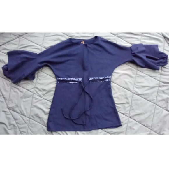 Navy Blue Stretchy Sequined Dressy Traditional Tunic Top with Tiered Bell Sleeve - Picture 7 of 11